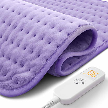 Glamigee ultra wide microplush heating pad front view in lavender purple color showing digital controller.