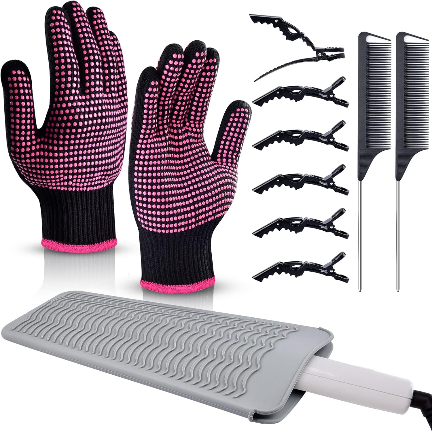Morgles heat resistant gloves 11 piece hair styling kit front view