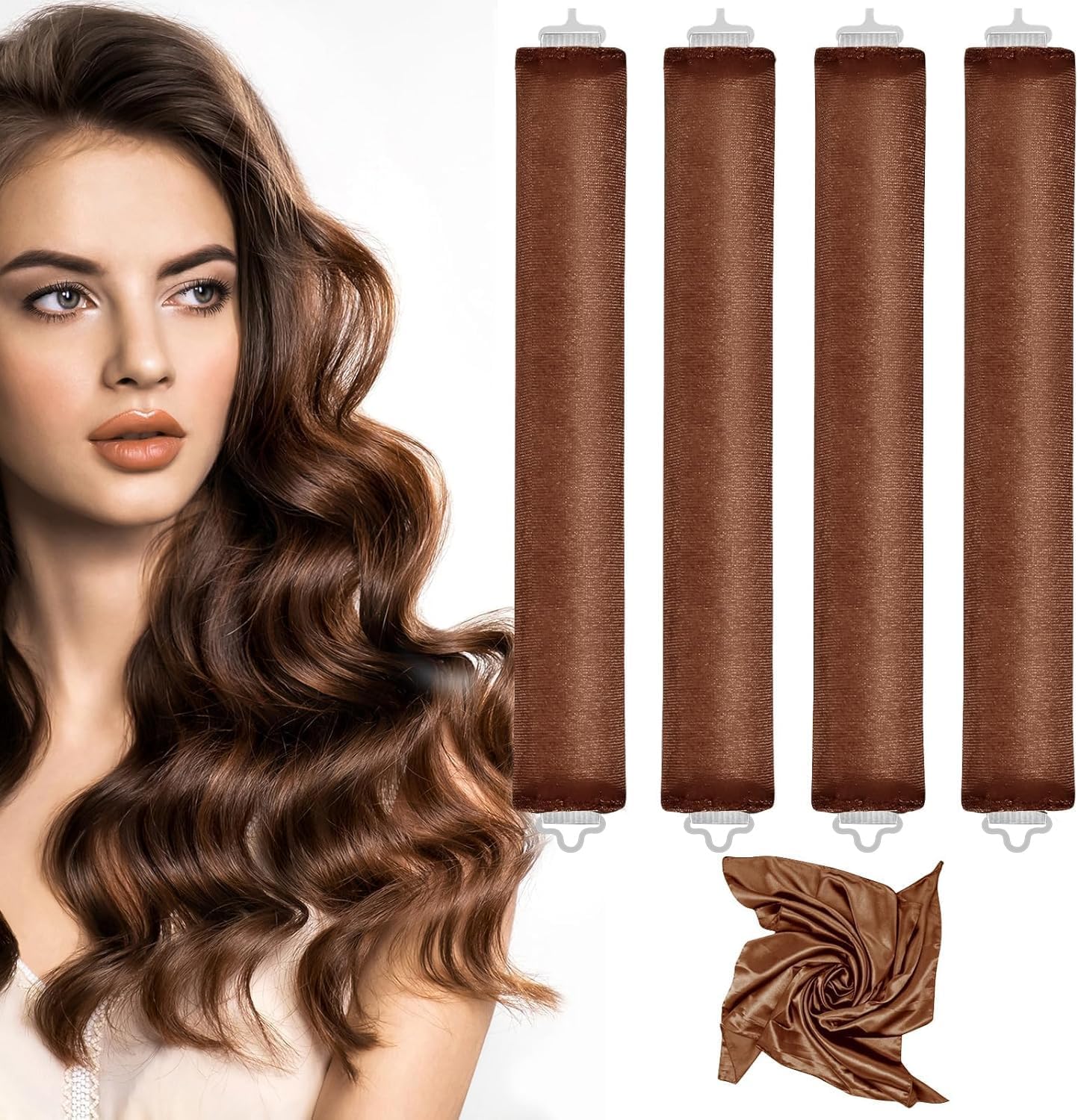 Nunflue heatless curlers overnight set front view showcasing dark brown satin rods
