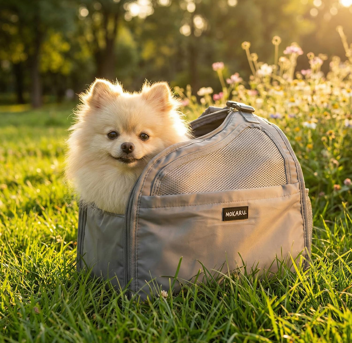 Grey hands-free dog carrier sling with mesh panel