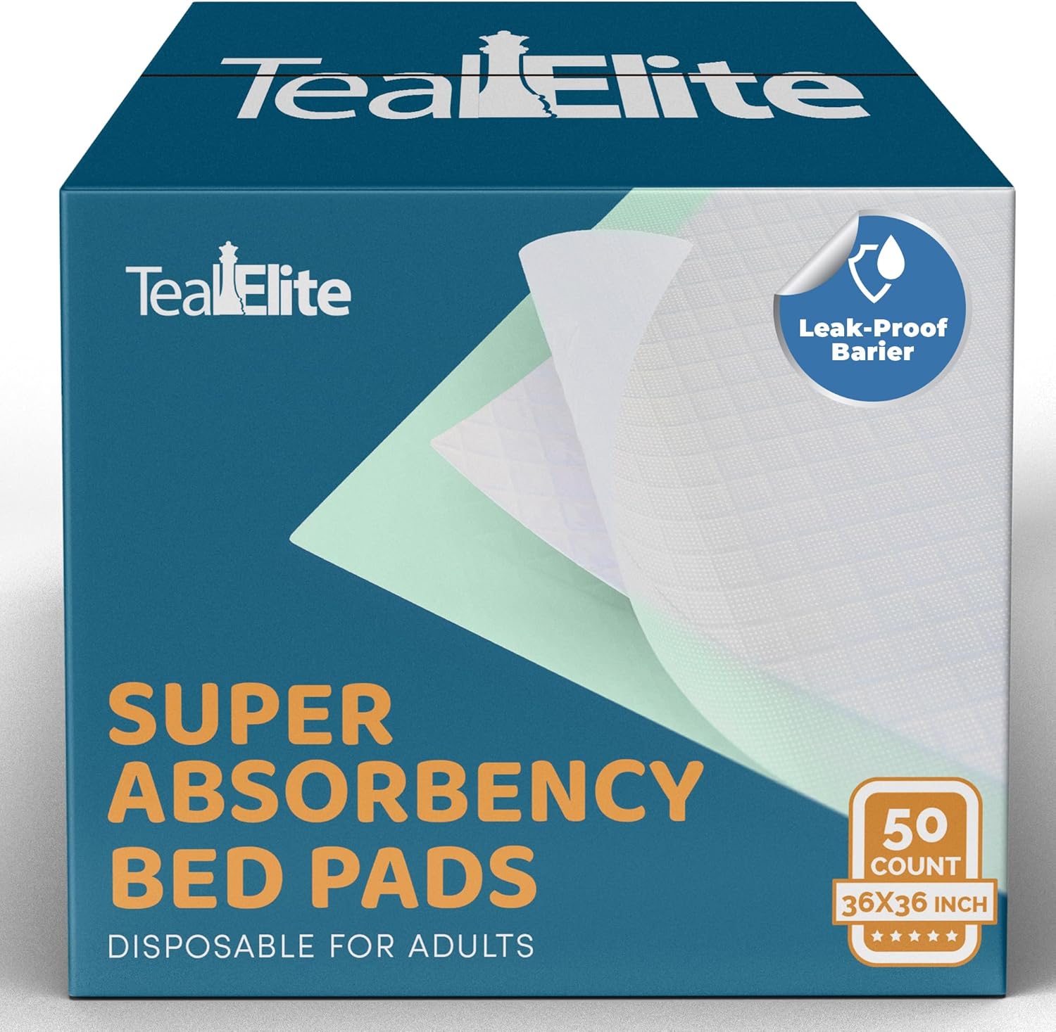 Teal Elite disposable adult underpads fifty count pack front view demonstrating premium leakproof packaging
