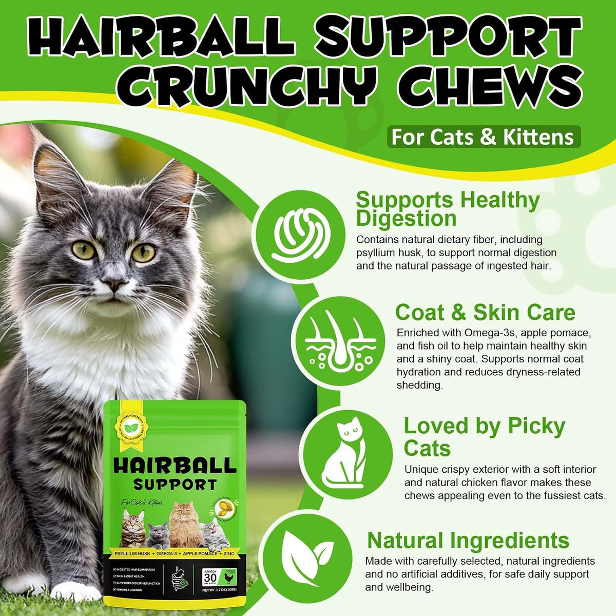 Cat hairball treatment treats with psyllium husk back ingredients