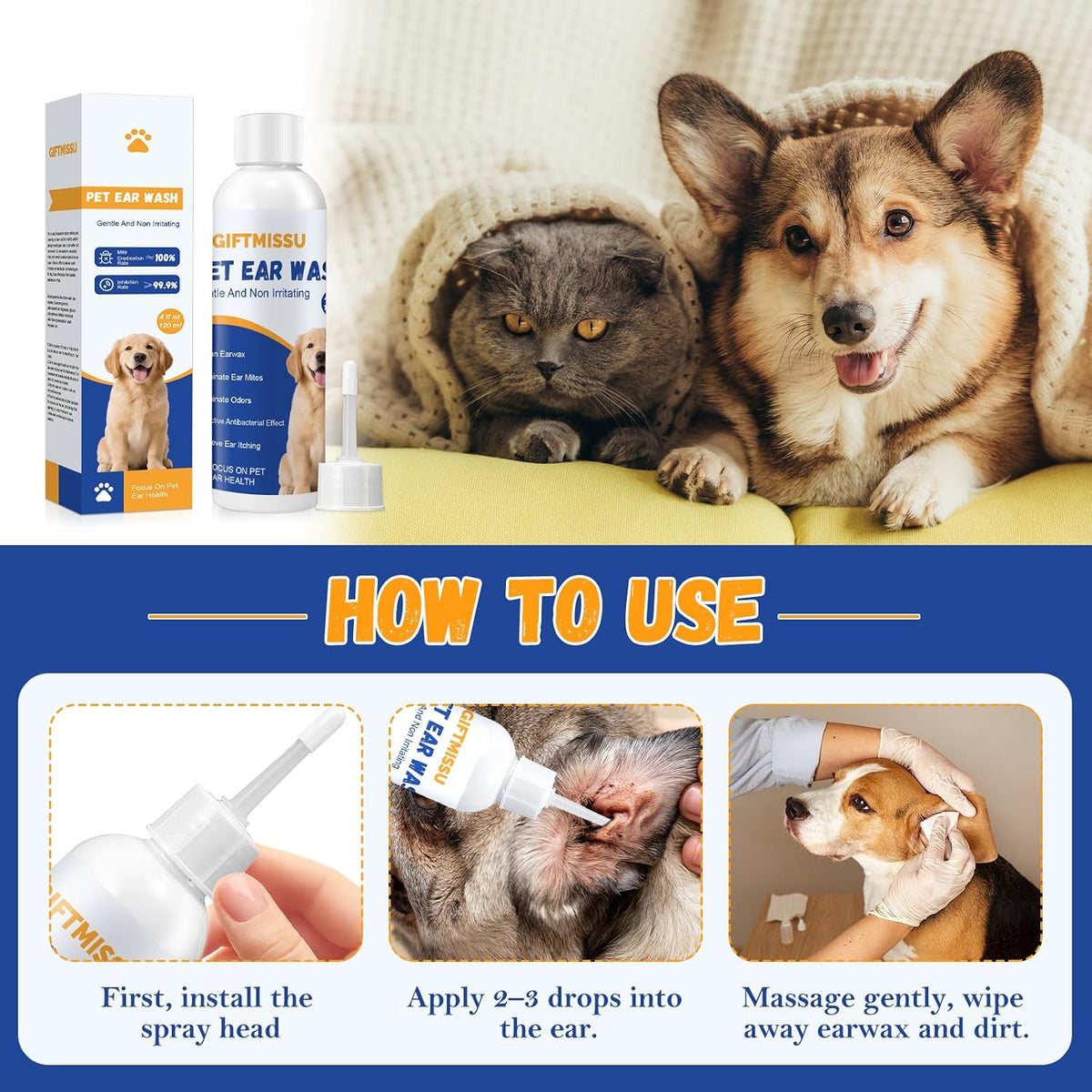 Instructions for using Giftmissu dog and cat ear wash