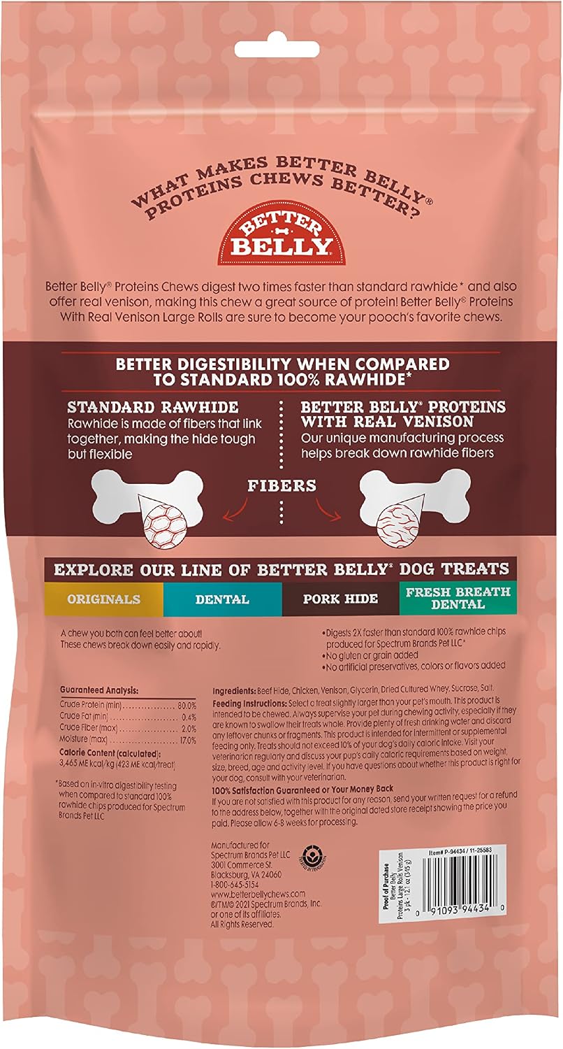 Better Belly venison rawhide rolls 3 count pack showing product texture and large size