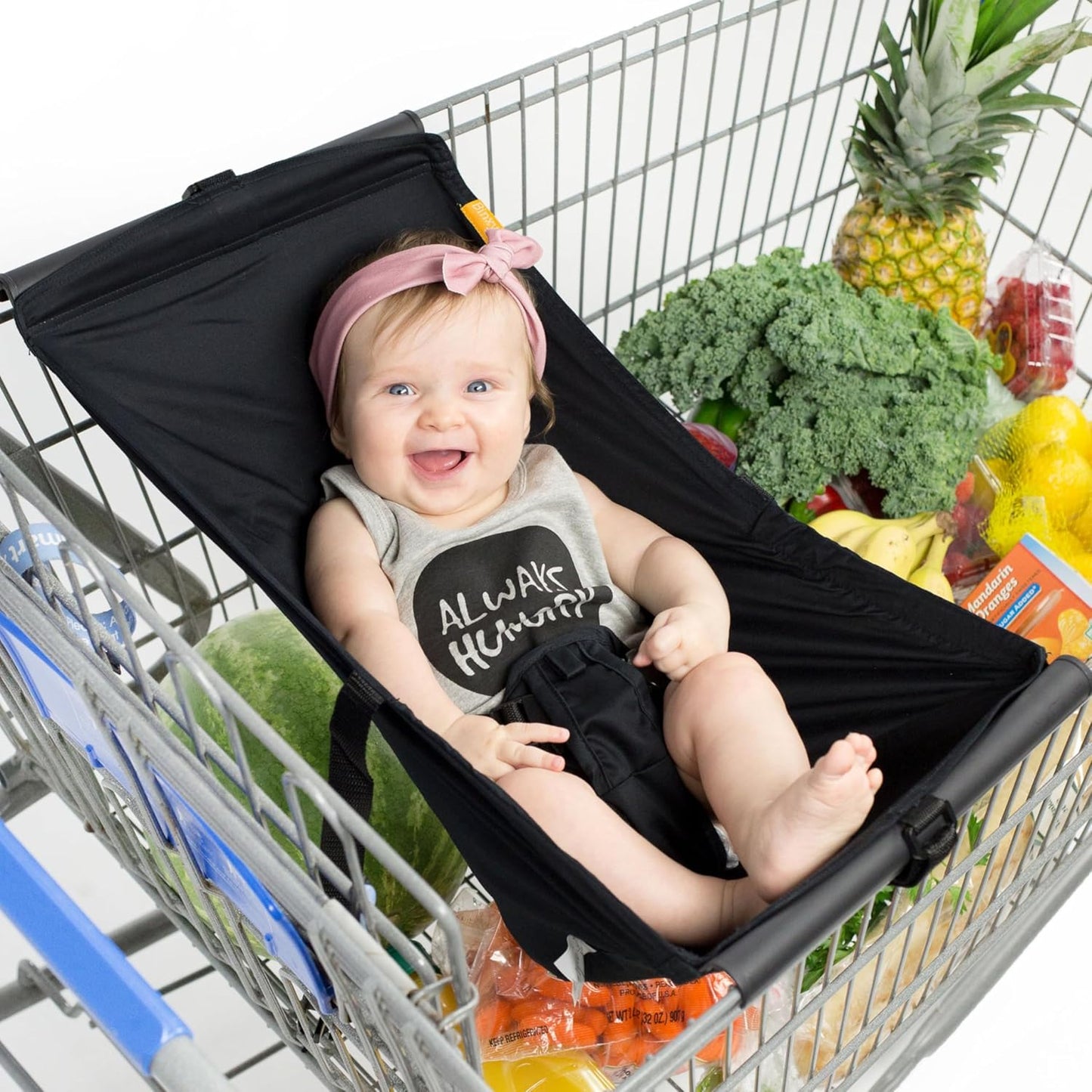 Binxy Baby Shopping Cart Hammock in black attached to a grocery cart front view