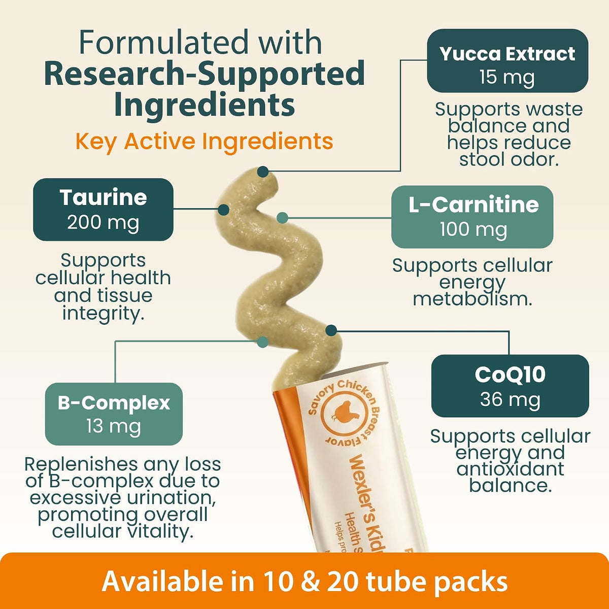 Feline renal health supplement chicken flavor lickable tubes close up