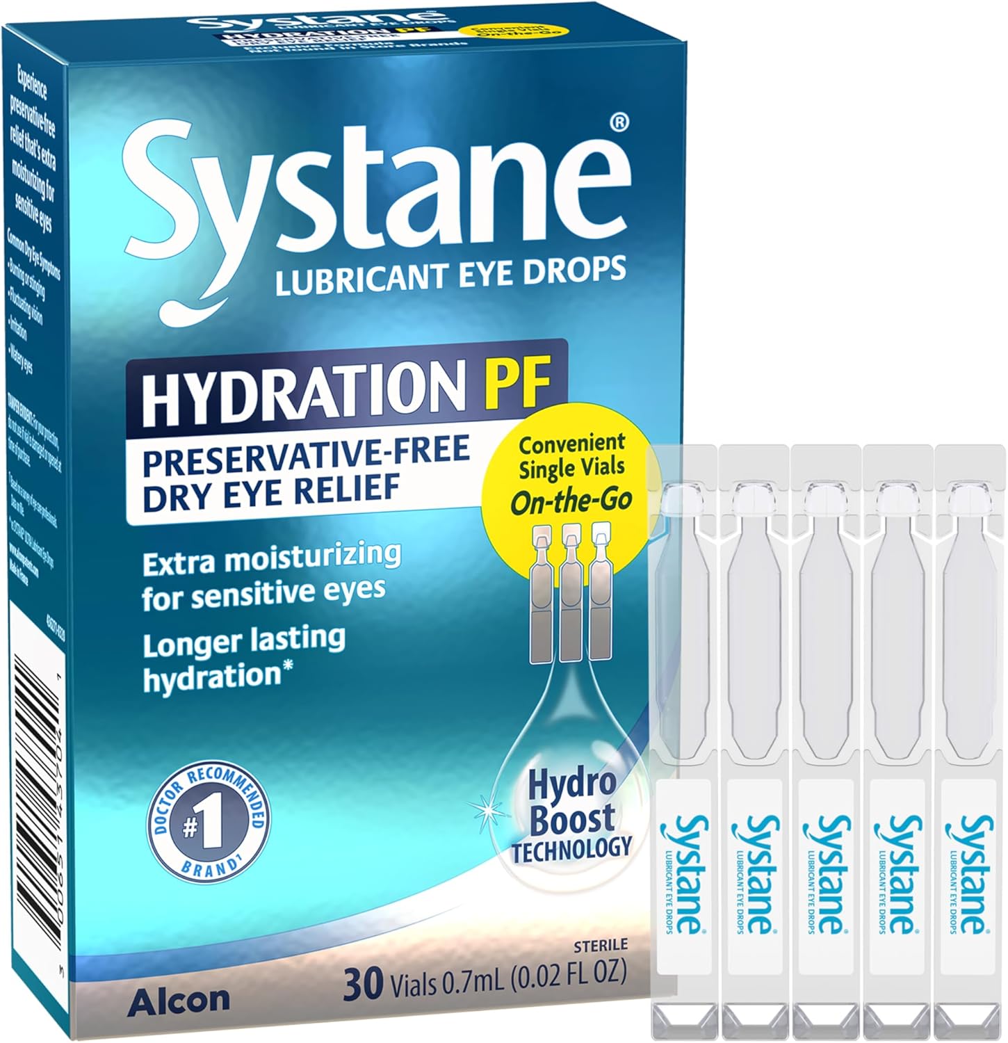Alcon Systane Hydration Preservative-Free Eye Drops front packaging showing 30 vials count.