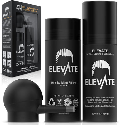 ELEVATE Hair Perfecting 3-in-1 Kit front view showing black keratin fiber bottle and applicator pump nozzle