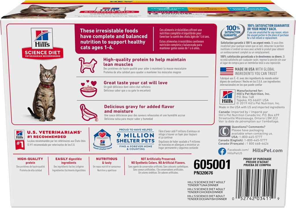 Close up of Hill's Science Diet chicken, tuna and ocean fish pouches packaging