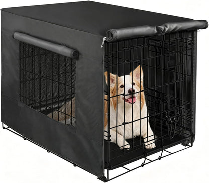 Akinerri Dog Crate Cover with Mesh Window, Double Door Waterproof Pet Kennel Cover, Durable 600D Polyester Protective Cage Cover for 42 Inch Dog Crate - Beige - Image 11