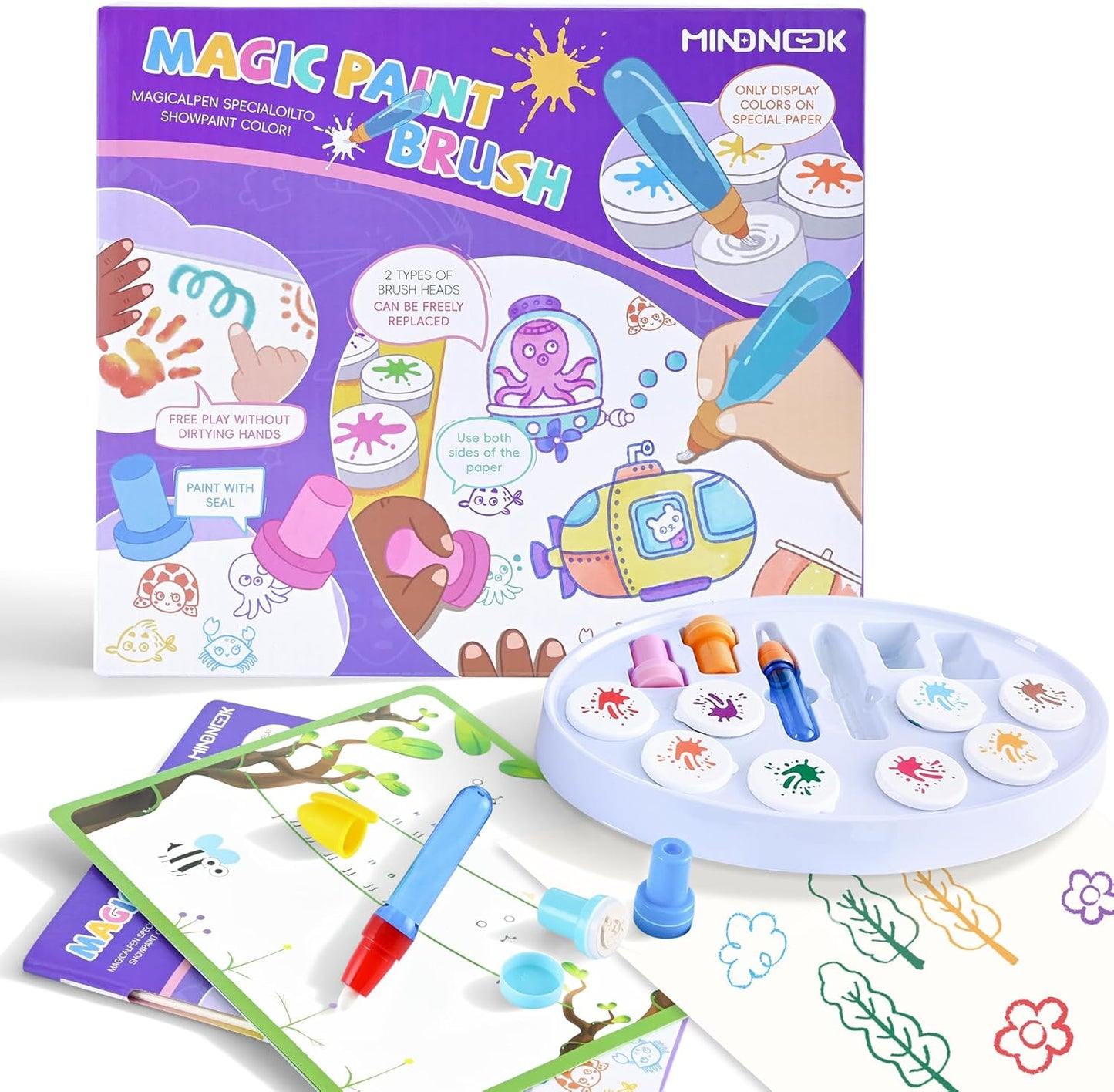 MINDNOOK Magic Brush Painting Set front packaging view showing mess free kids art station