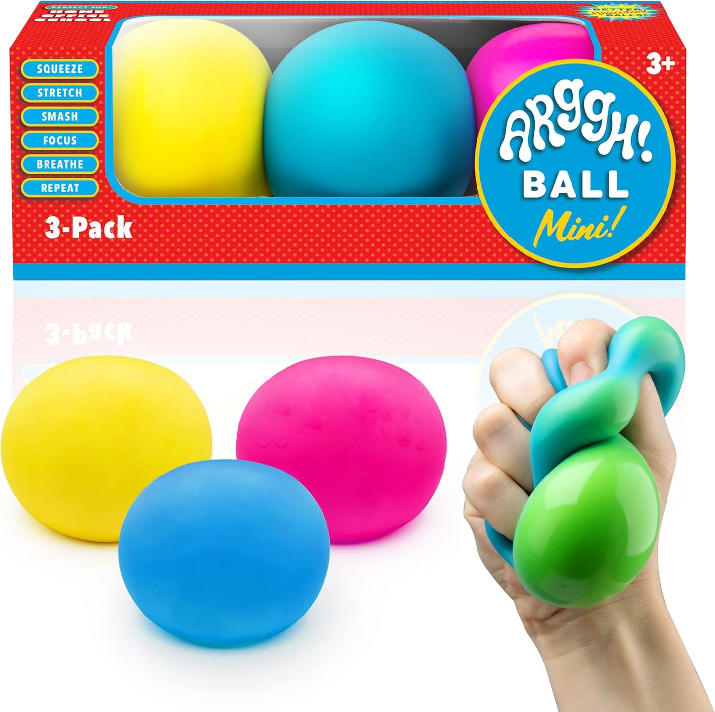 Power Your Fun Arggh Mini Stress Balls front view of three color changing fidget toys in yellow pink and blue.