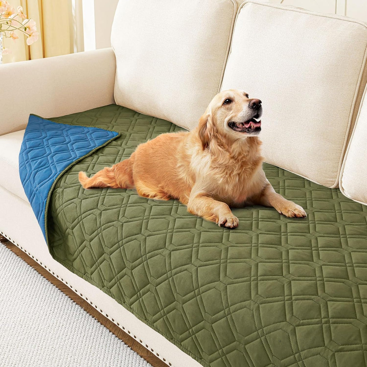Hyha waterproof dog bed blanket front view showcasing olive green quilted fabric on a sofa.