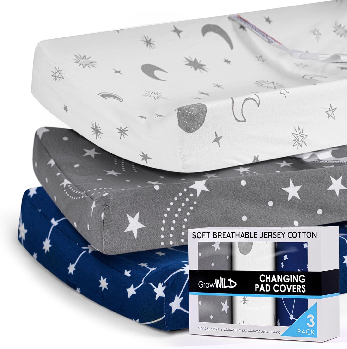 Grow Wild Changing Pad Cover Three Pack front view showing celestial patterns.