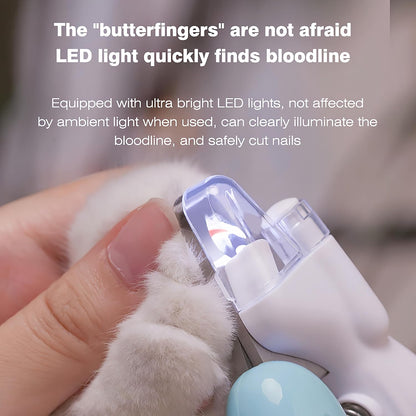 SHAOMABA illuminated claw cutter demonstrating the transparent nail catcher attachment.