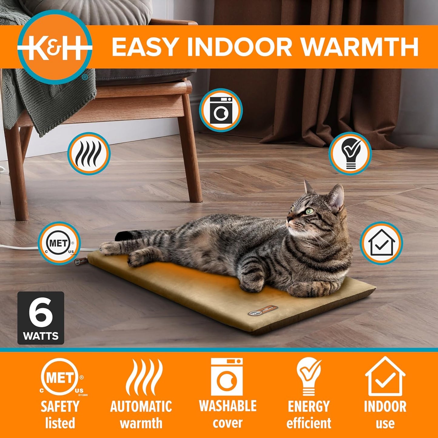 Energy efficient six watt cat warming pad layout highlighting the twelve point five by twenty five inch dimensions.