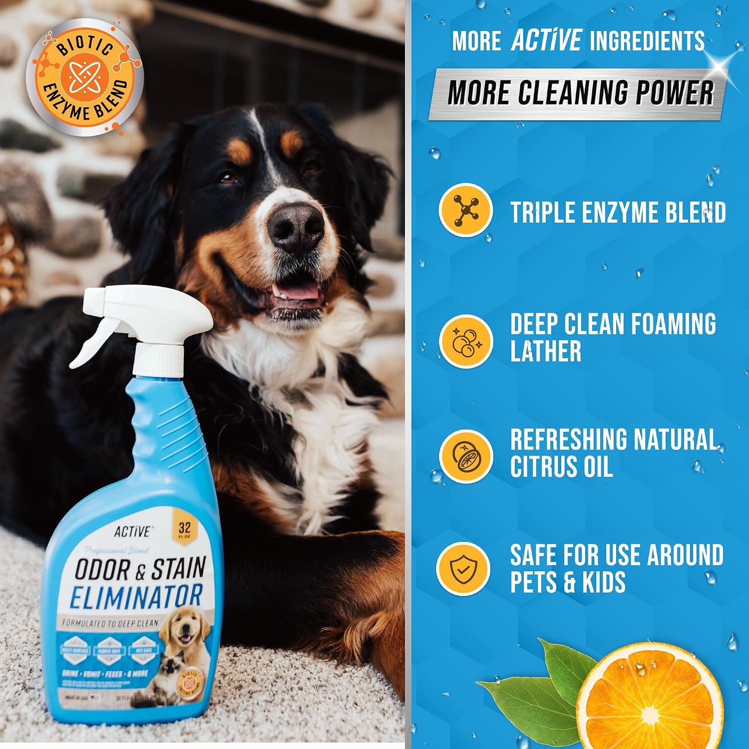 Pet parent using the ACTIVE spot cleaning spray on fabric upholstery.