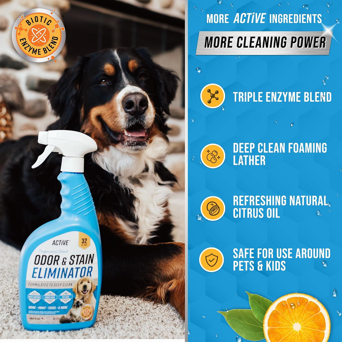 Pet parent using the ACTIVE spot cleaning spray on fabric upholstery.