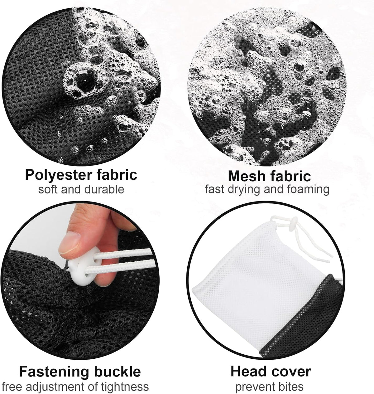 Soft polyester cat washing net with fastening buckles being adjusted for a secure fit.