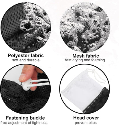 Soft polyester cat washing net with fastening buckles being adjusted for a secure fit.