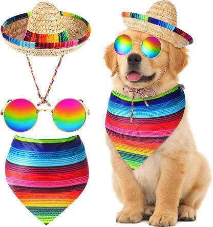 Ramede 3 piece Mexican pet costume set front view featuring sombrero and bandana