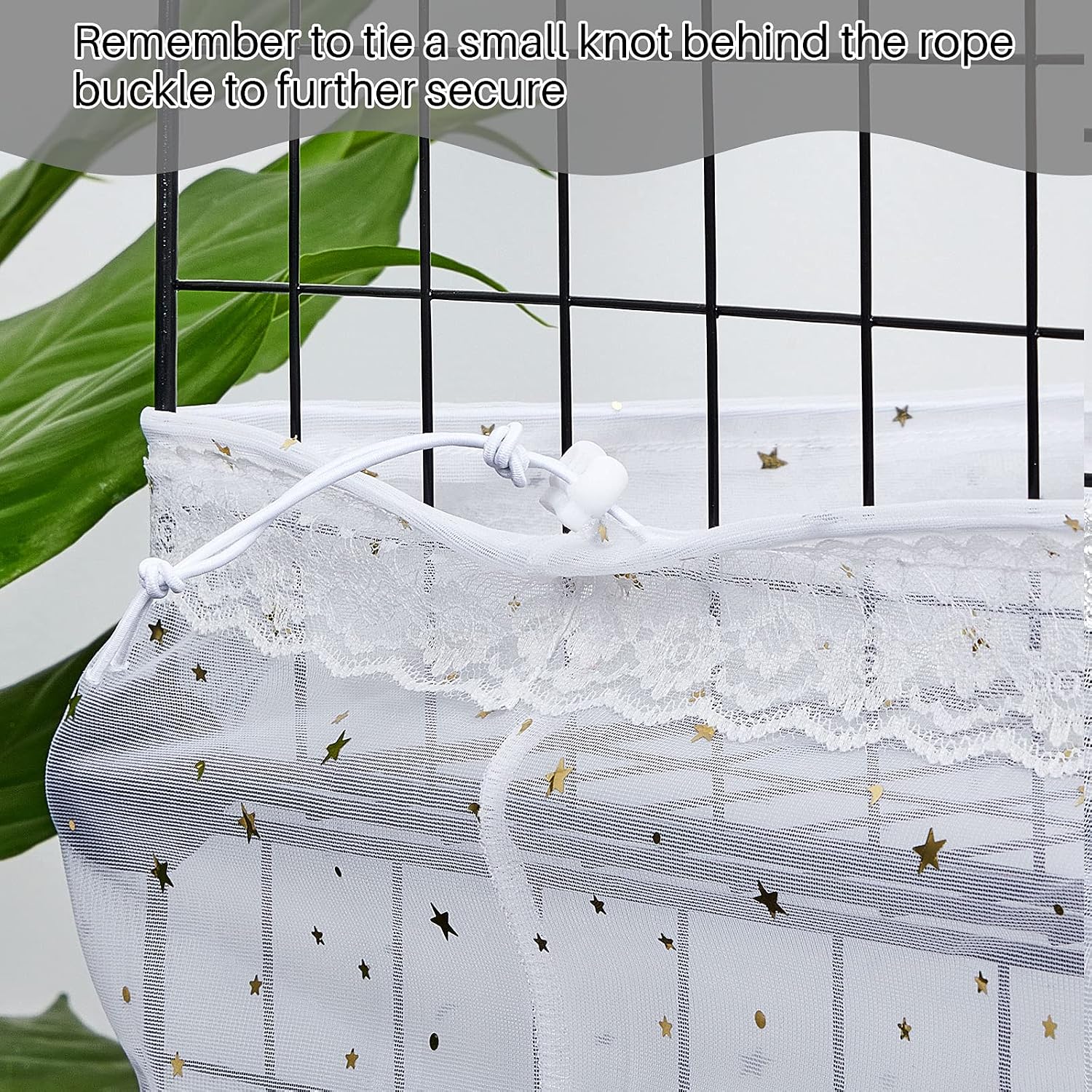 Bird seed guard skirt elastic rope and clasp adjustment mechanism demonstration