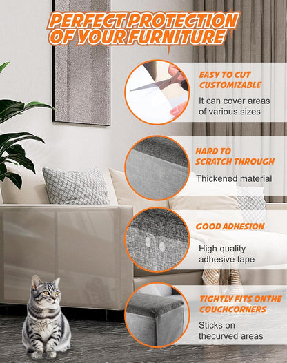 Hand applying adhesive cat scratch guard to armchair