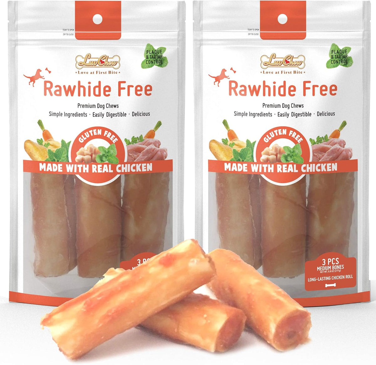 LuvChew Premium Chicken Retriever Rolls front view packaging for large breed dogs