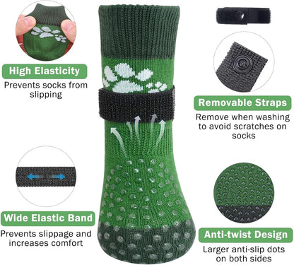 Dog wearing green Scenereal paw protector socks on hardwood
