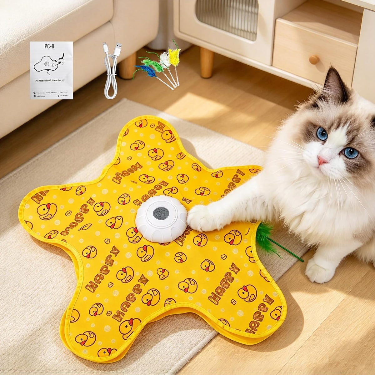 Rechargeable Automatic Cat Toy, 3-Mode Touch-Activated Interactive Toy with Random Motion, Concealed Feather & Squeaky Sound for Indoor Cats & Kittens (Blue) - Image 4