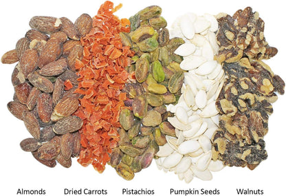 Exotic Nutrition Critter Selects pet treat bag highlighting premium pumpkin seeds and dried carrots.