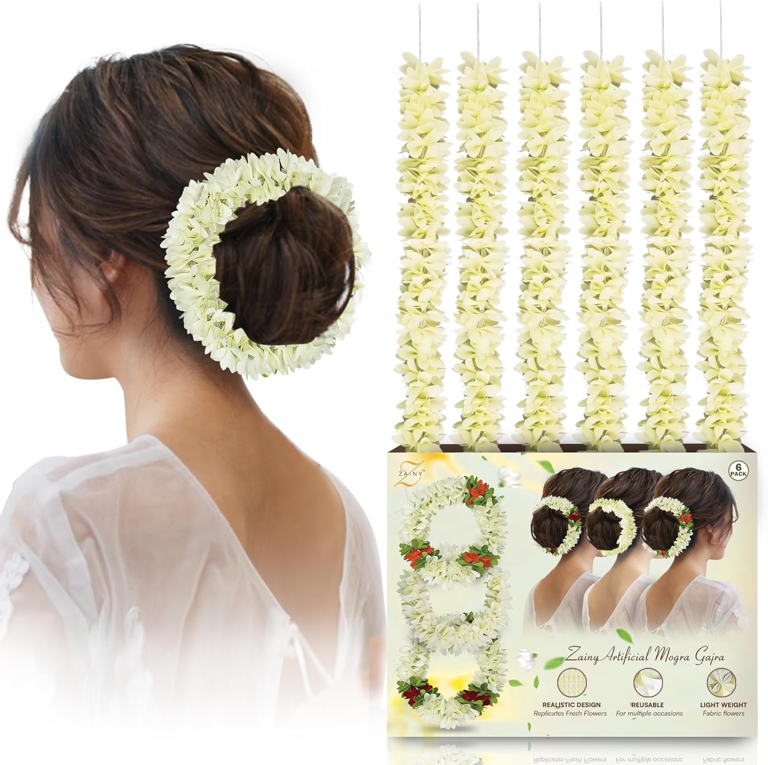 ZAINY white mogra artificial gajra front view showing realistic fabric jasmine flowers for traditional hairstyles