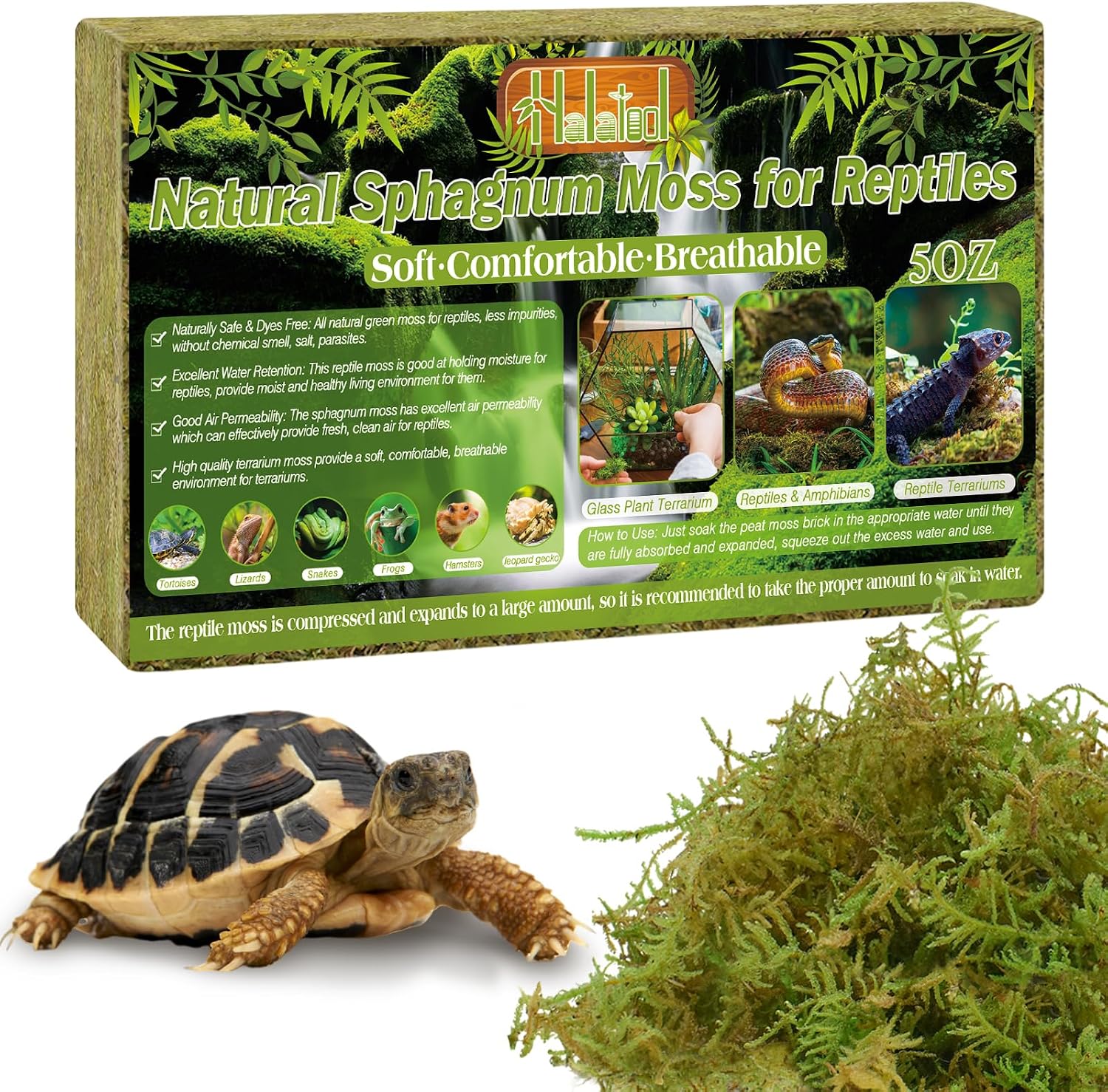 Halatool 9OZ Natural Sphagnum Moss for Reptiles- 14QT Green Moss for Terrarium Plants Long Fiber Reptile Moss for Leopard Gecko Snake Hamsters Tortoises Frogs Lizards Salamanders - Image 10
