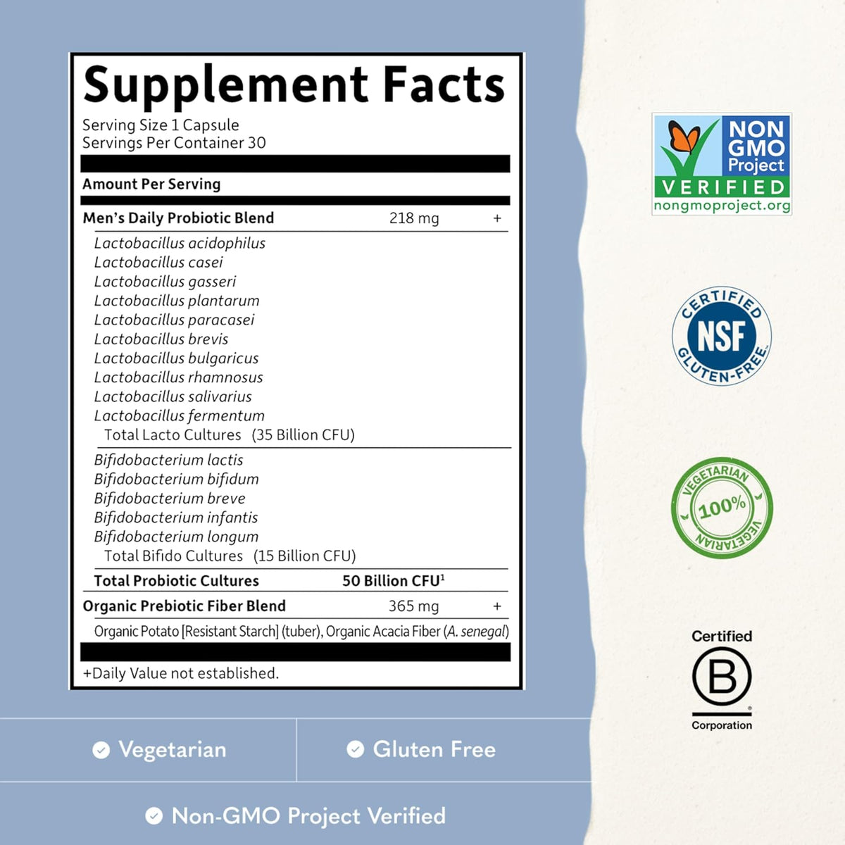 Garden of Life shelf stable probiotic supplement facts panel close up