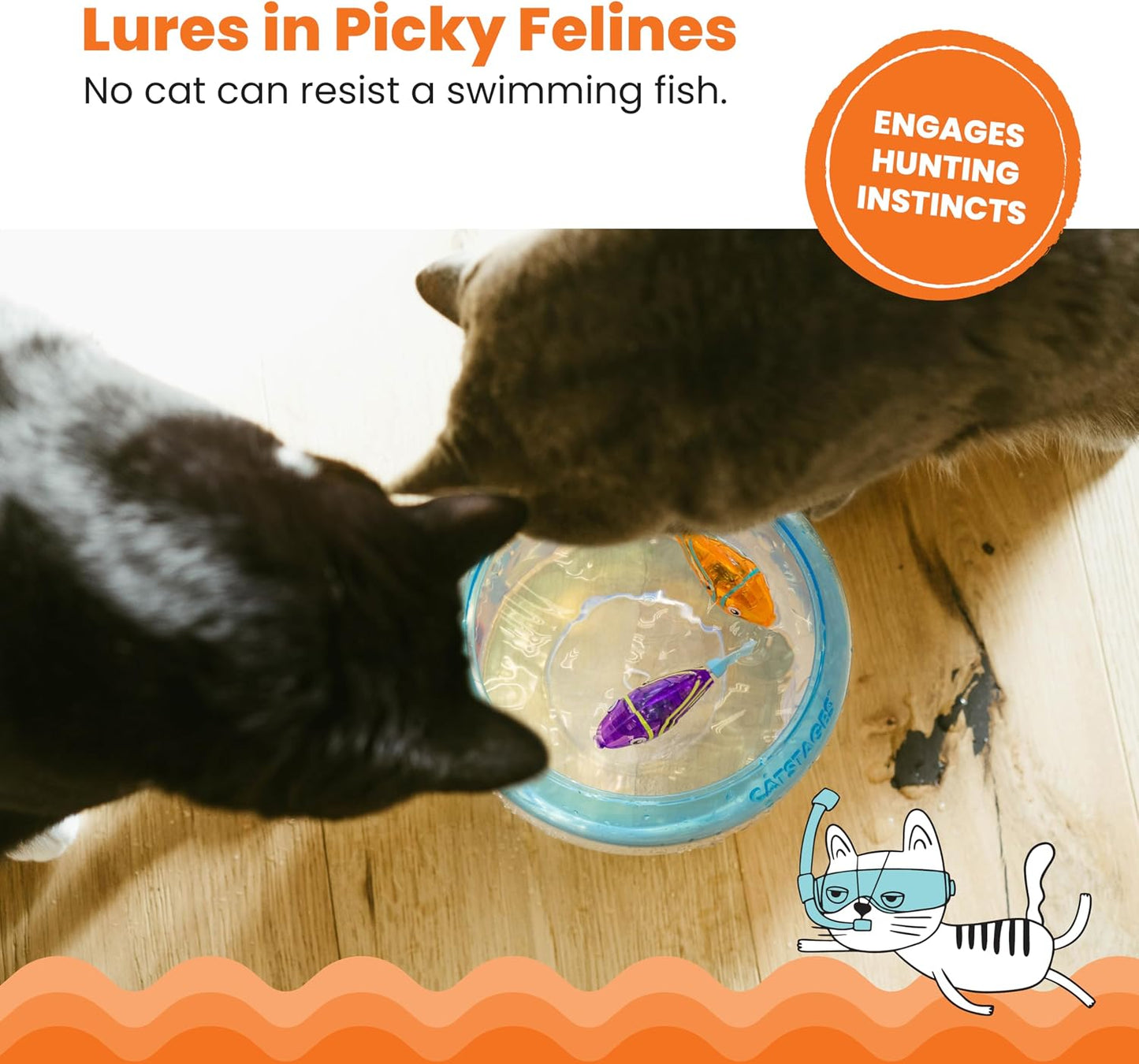 Close up of the water activated purple and orange electronic fish toys for cats.