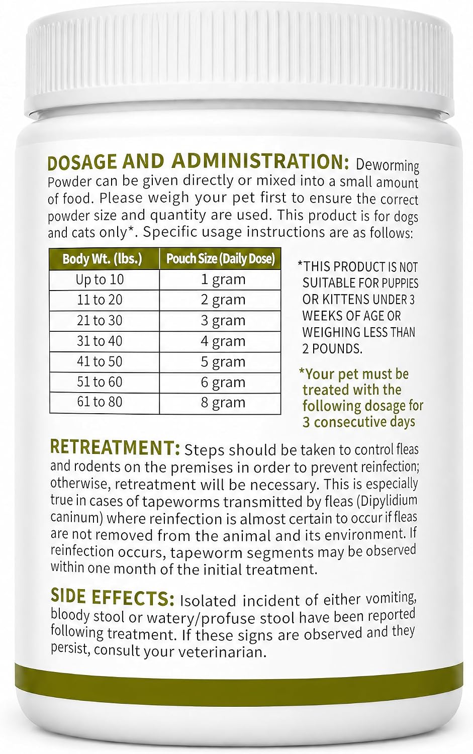Dewomer pet deworming powder active ingredients and weight guide label