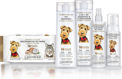 Close up of Giovanni pet spray label highlighting Oatmeal and Coconut ingredients.
