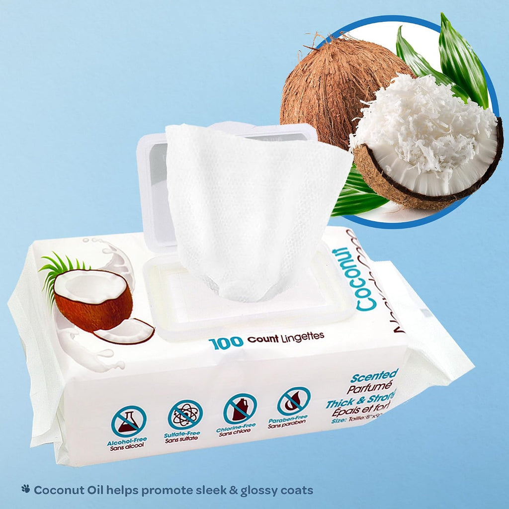 Plant derived dog and cat grooming wipes for clean paws and coats