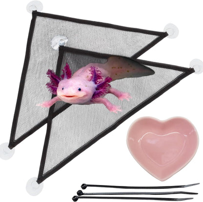 Homedy Crafts axolotl hammock and ceramic feeding dish front view for aquarium setups.