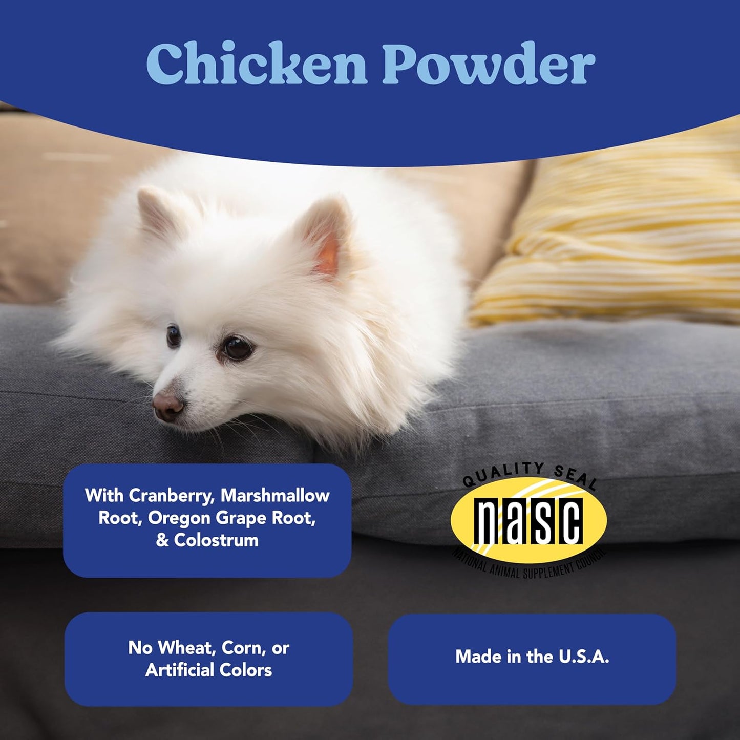 Angels' Eyes natural chicken flavored powder supplement for white coat pet breeds.
