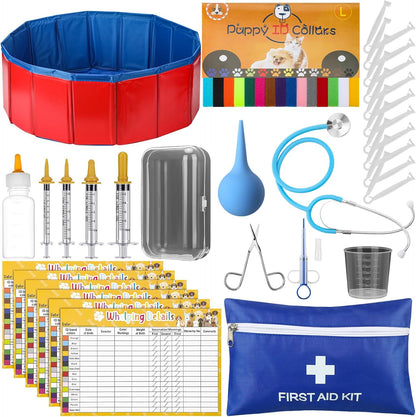 Arrowbash 57 Pieces Puppy Kitten Whelping Supplies Kit front view showcasing the red and blue foldable birthing pen.