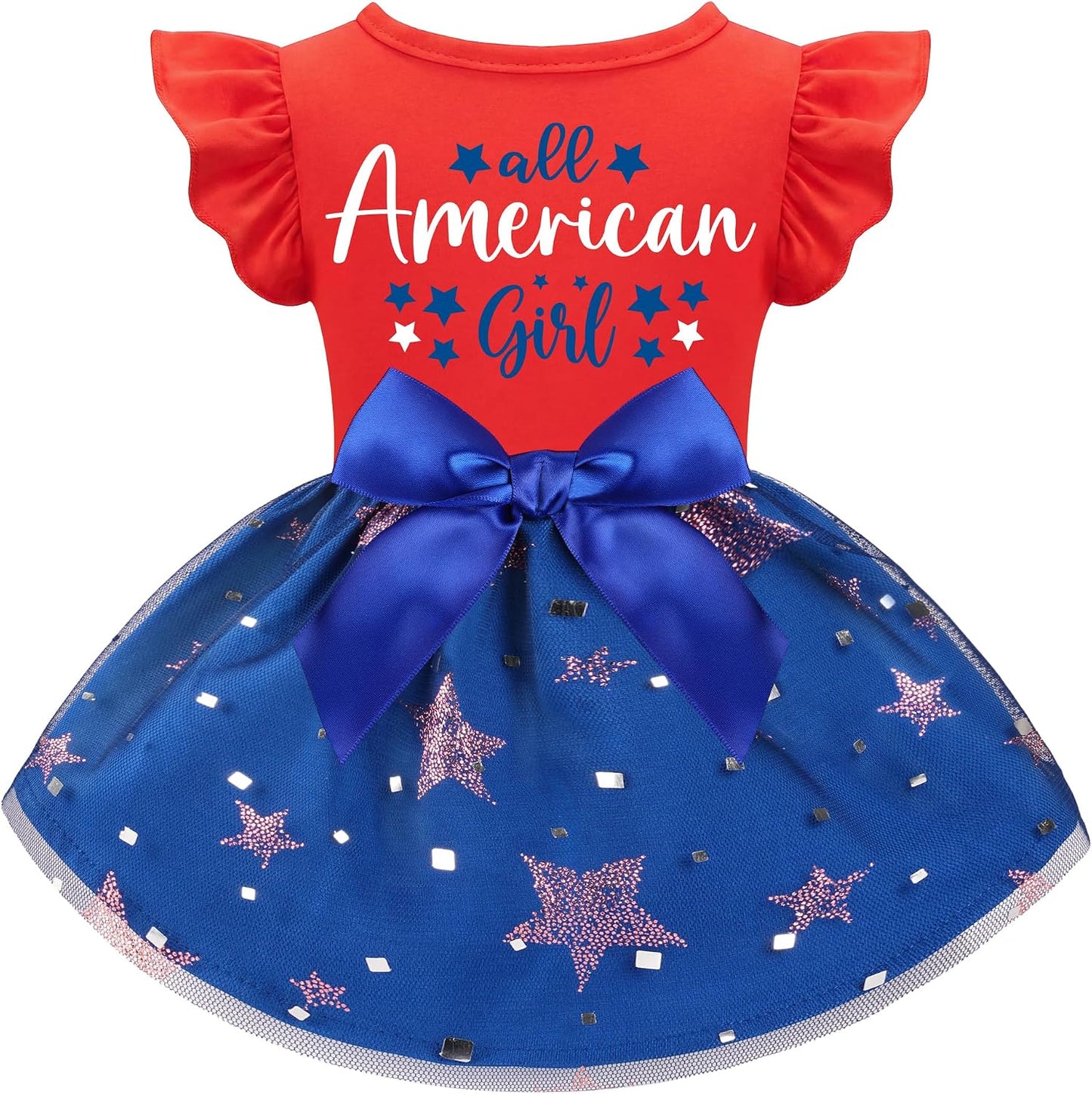 BAOBICUTE patriotic dog dress front view showing red ruffle top and bowknot detail