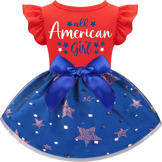 BAOBICUTE patriotic dog dress front view showing red ruffle top and bowknot detail