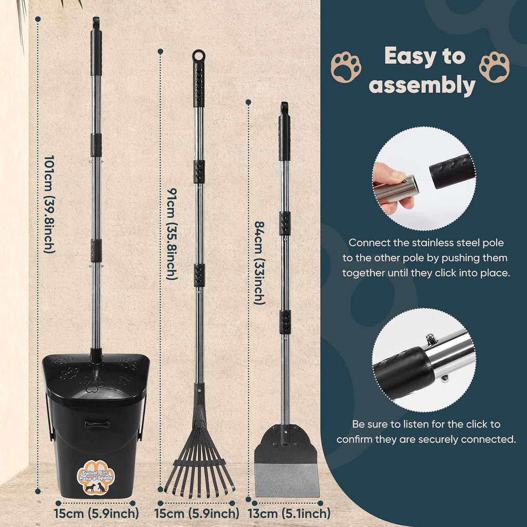 Three piece pet waste removal set snapped together neatly for compact storage.