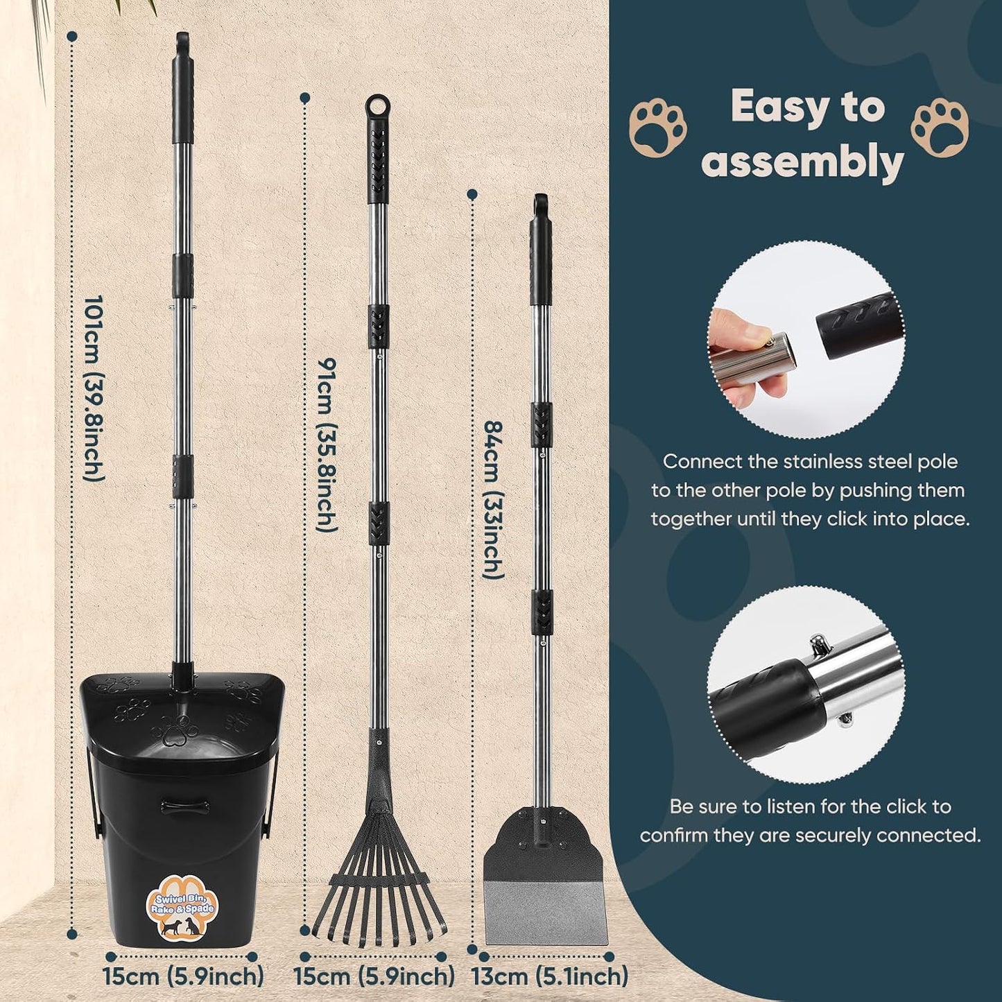 Three piece pet waste removal set snapped together neatly for compact storage.