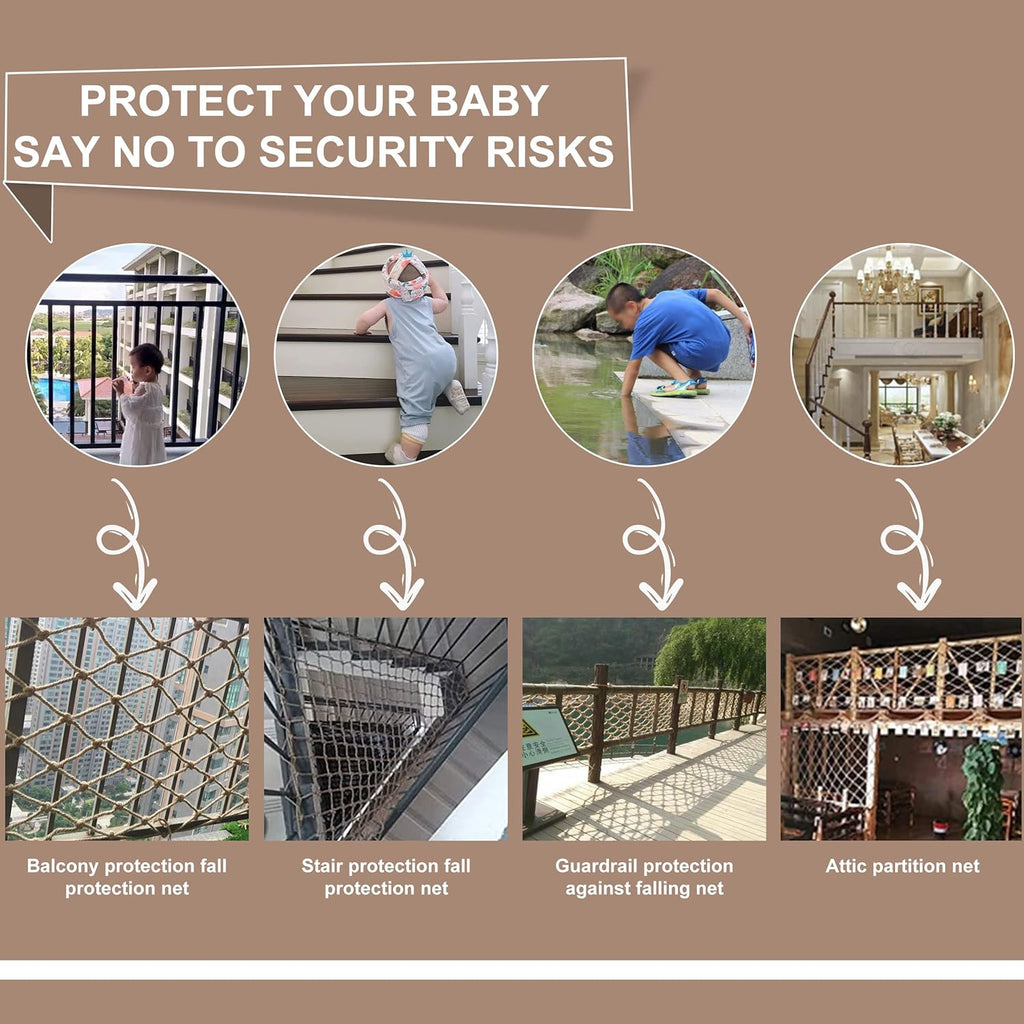 Heavy duty hemp rope net secured to wooden staircase railing