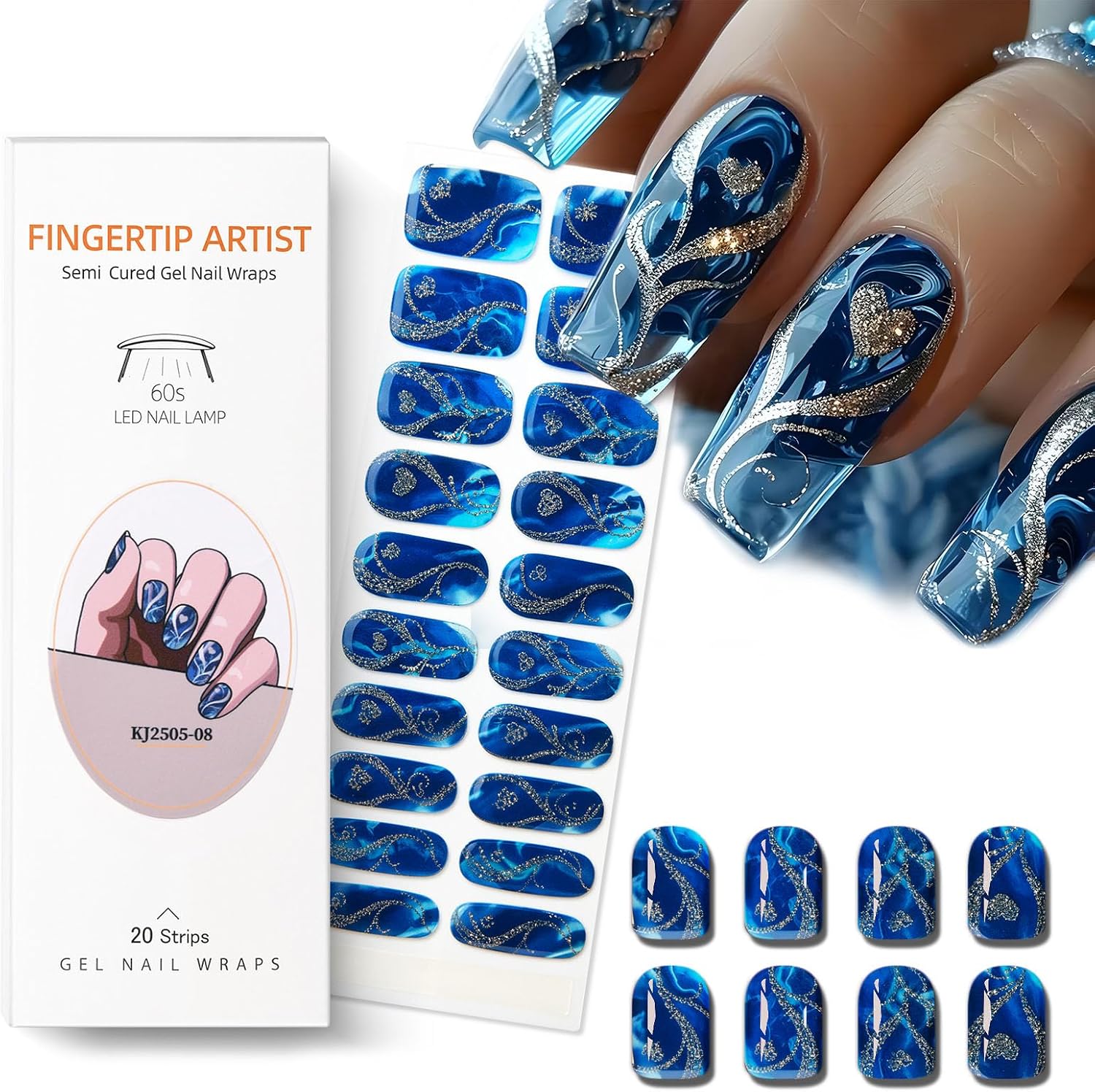 Kira semi cured gel nail strips blue gold heart front packaging view