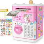 JUNEU Unicorn Electronic Piggy Bank front view showcasing the digital keypad and automated bill feeder mechanism.