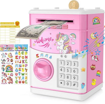 JUNEU Unicorn Electronic Piggy Bank front view showcasing the digital keypad and automated bill feeder mechanism.