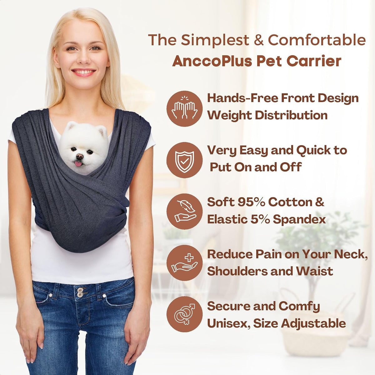 Adjustable pet sling carrier worn on person for small dogs
